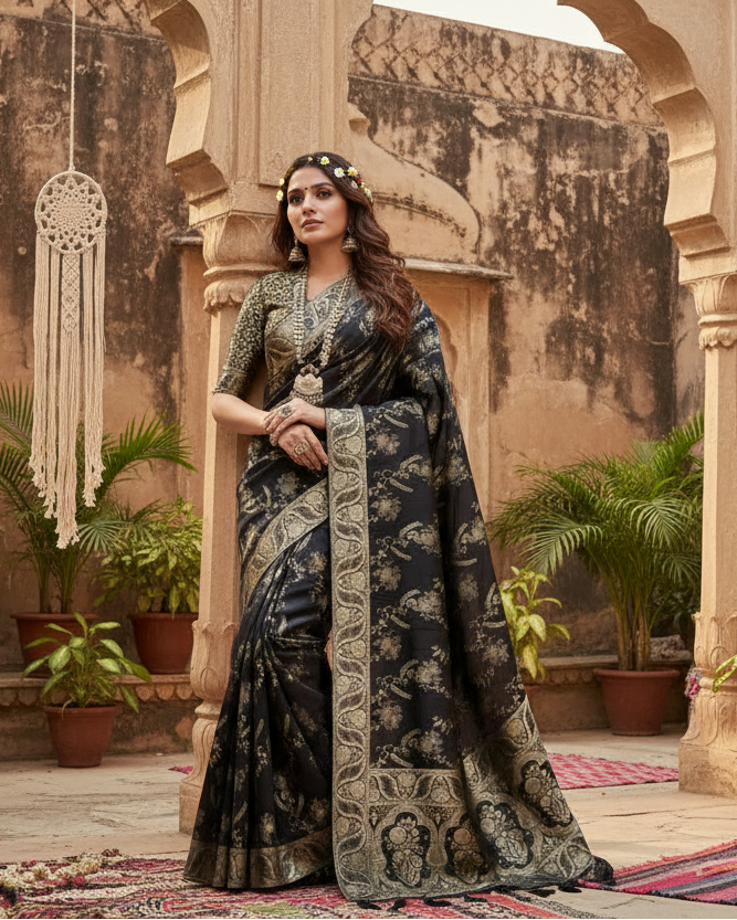 Women's black silk printed saree with unstitched blouse  5