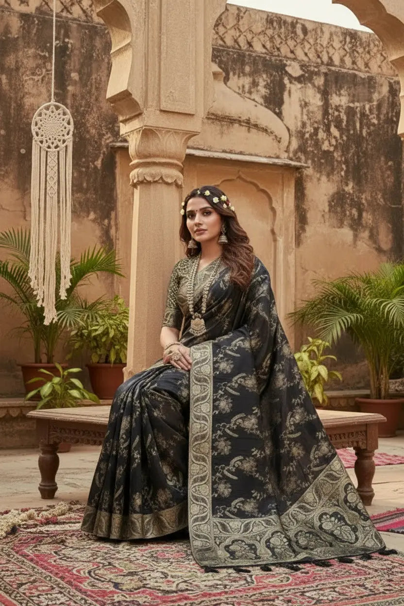 Women's Black Silk Printed Saree With Unstitched Blouse -5.5Mtr Kashvii