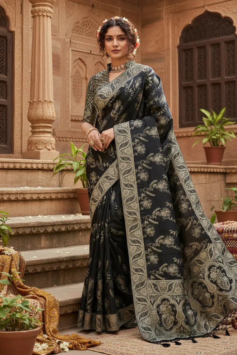 Women's black silk printed saree with unstitched blouse  5