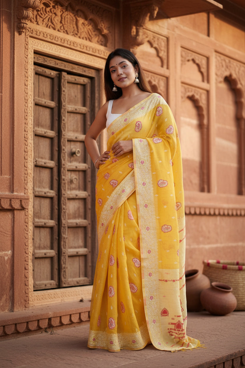 Women's Cotton  Printed Saree With Unstitched Blouse 5.5Mtr (Yellow) Kashvii