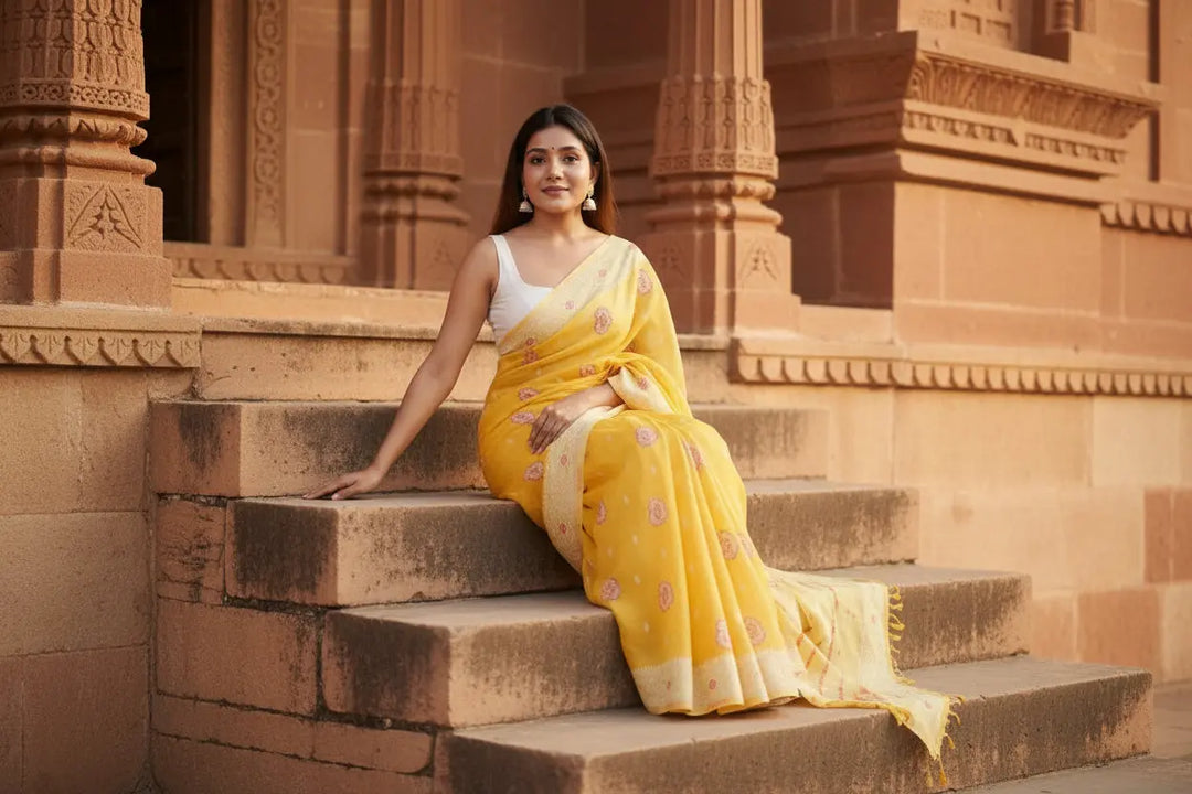 Women's Cotton  Printed Saree With Unstitched Blouse 5.5Mtr (Yellow) Kashvii