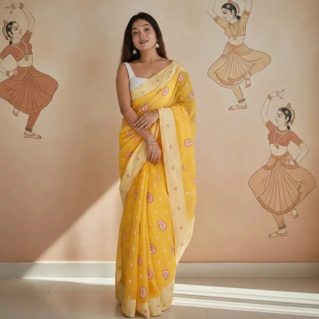 Women's Cotton  Printed Saree With Unstitched Blouse 5.5Mtr (Yellow) Kashvii