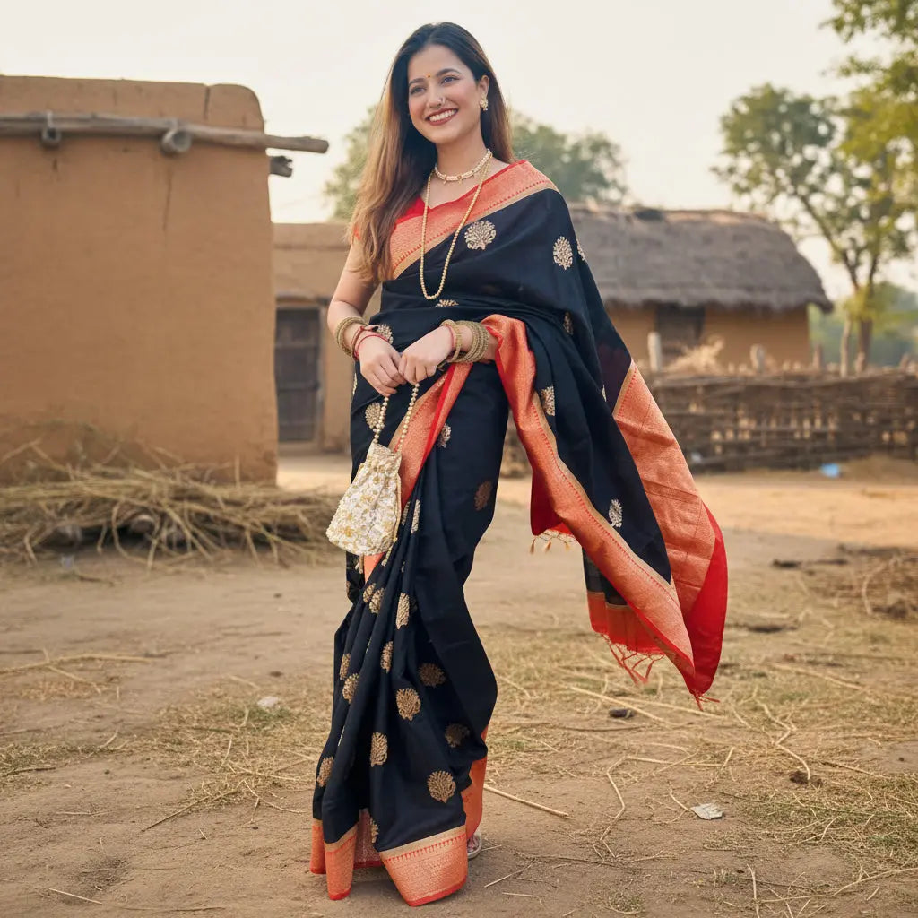 Women's Black Red Silk Printed Saree With Unstitched Blouse -5.5Mtr Kashvii