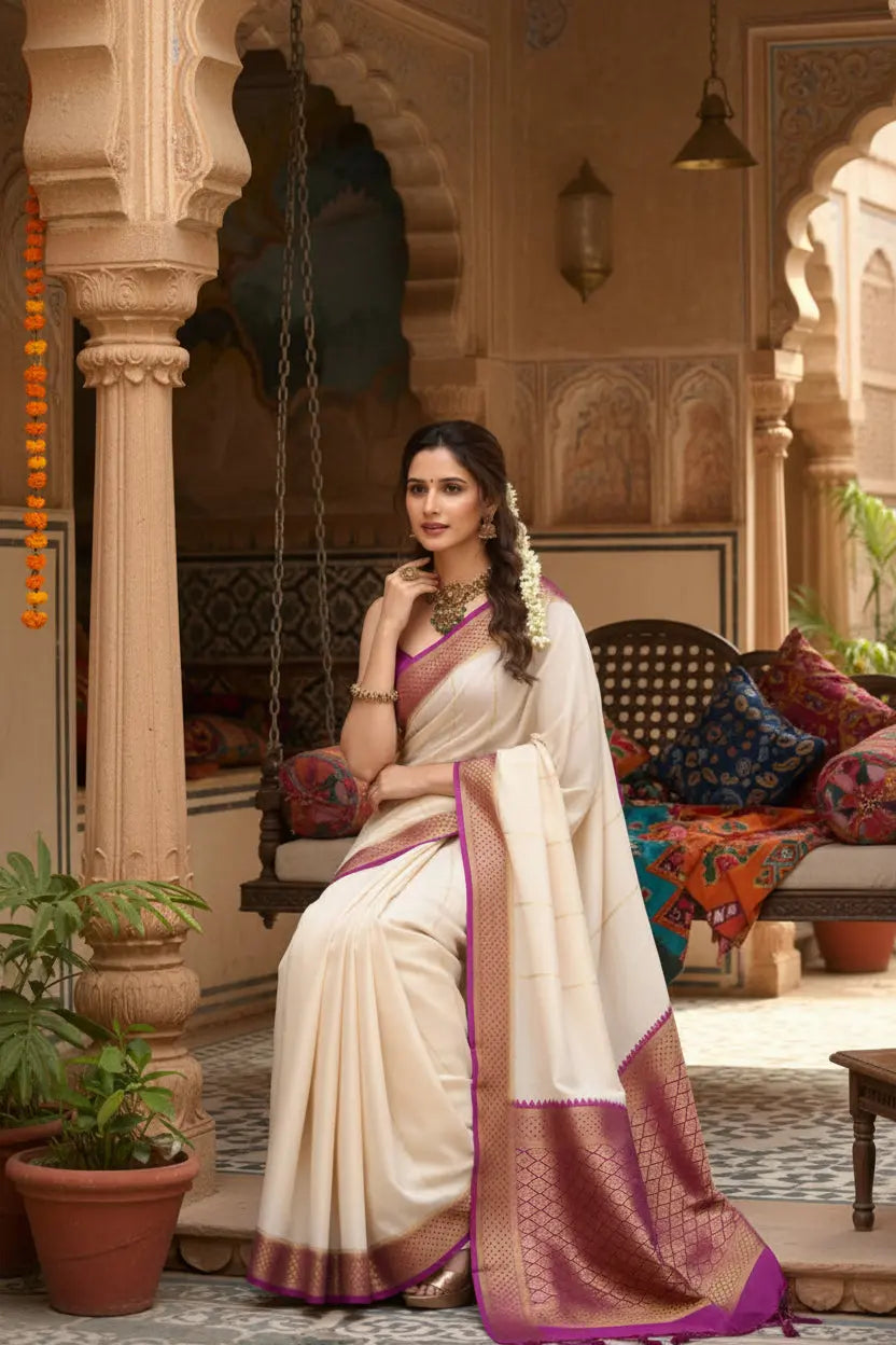 Women's Off White Pink Silk Printed Saree With Unstitched Blouse 5.5Mtr Kashvii