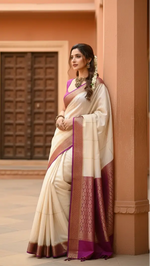 Load image into Gallery viewer, Women's Off White Pink Silk Printed Saree With Unstitched Blouse 5.5Mtr Kashvii
