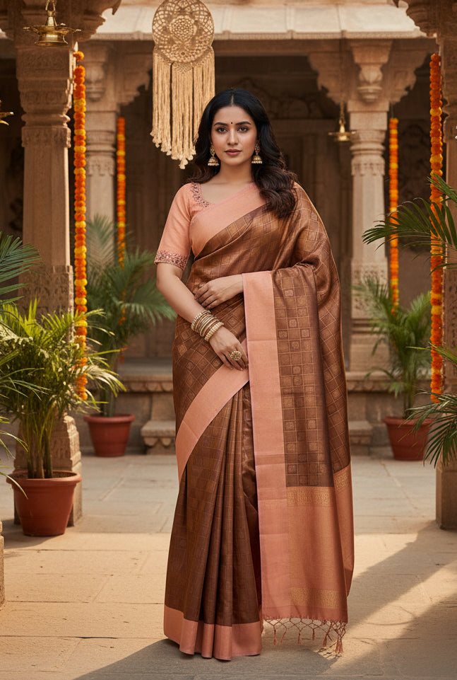 Women's Brown Silk Printed Saree With Unstitched Blouse -5.5Mtr