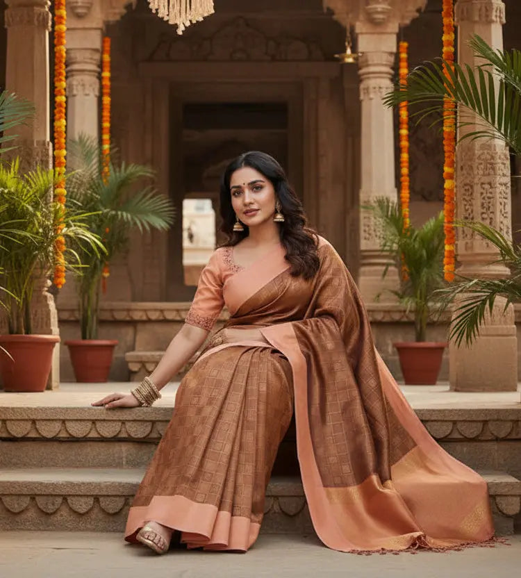 Women's brown silk printed saree with unstitched blouse  5