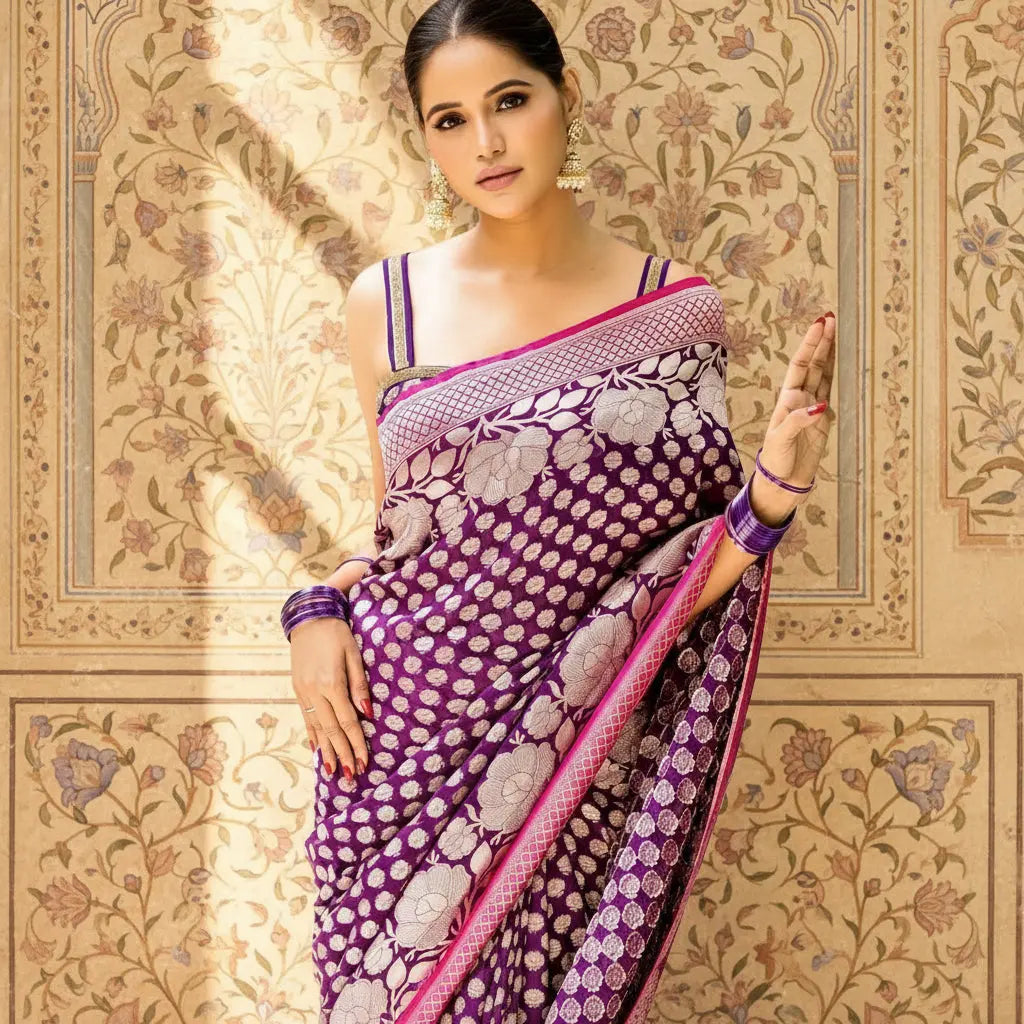 Women's Purple Silk Printed Saree With Unstitched Blouse -5.5Mtr Kashvii