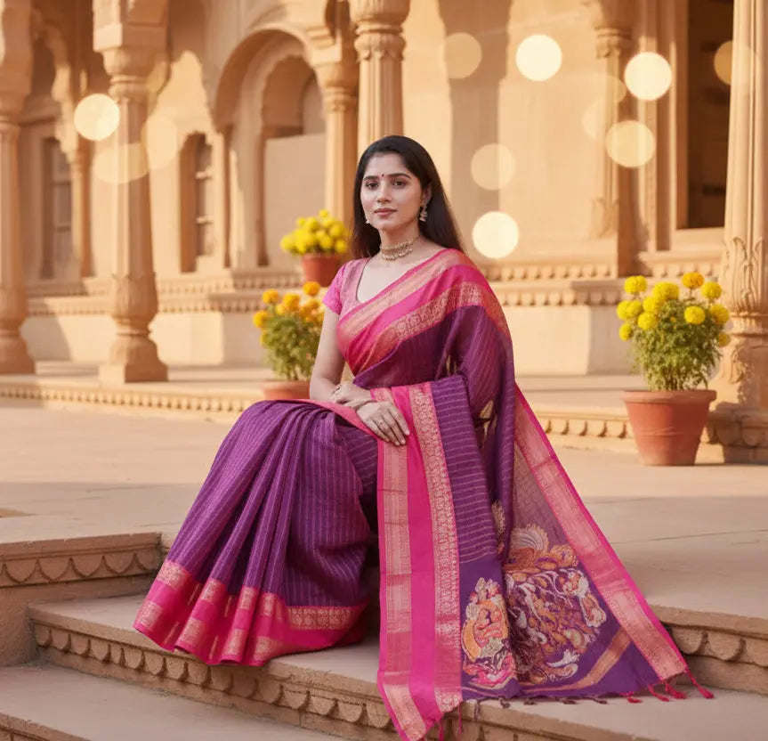 Women's purple silk printed saree with unstitched blouse  5