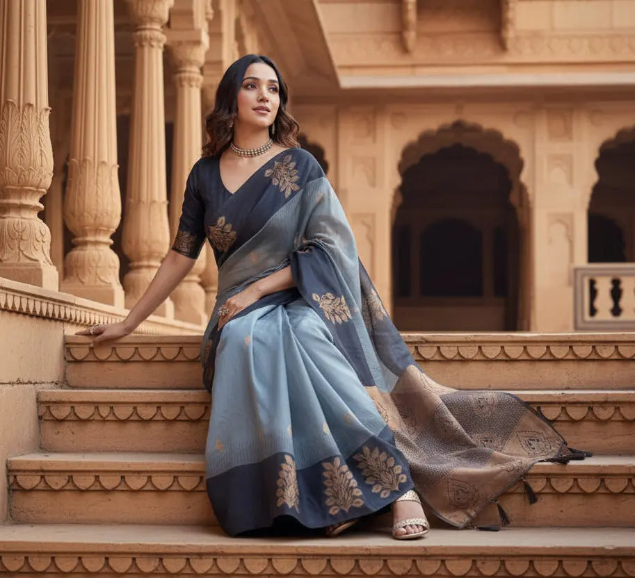 Women's grey silk printed saree with unstitched blouse  5