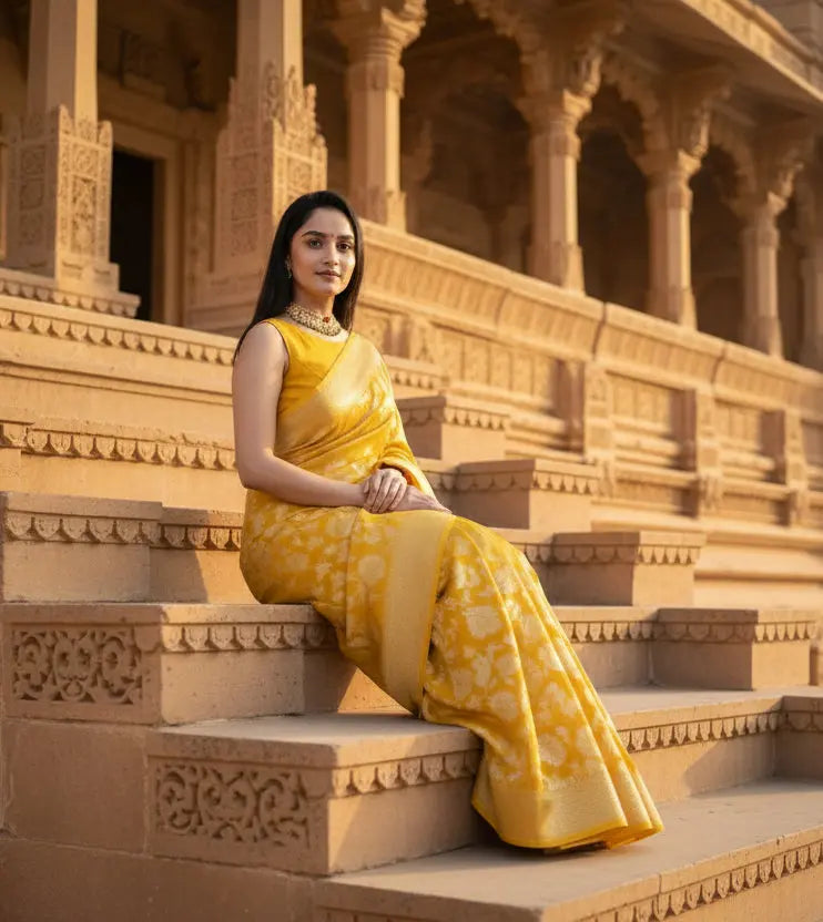 Women's yellow silk printed saree with unstitched blouse  5