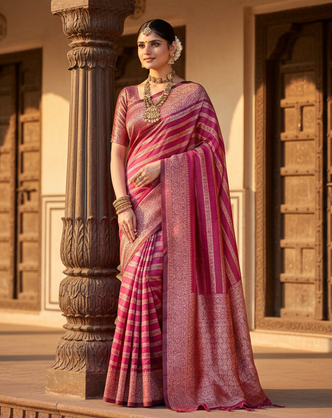 Women's Silk Printed Saree With Unstitched Blouse 5.5Mtr (Pink) Kashvii