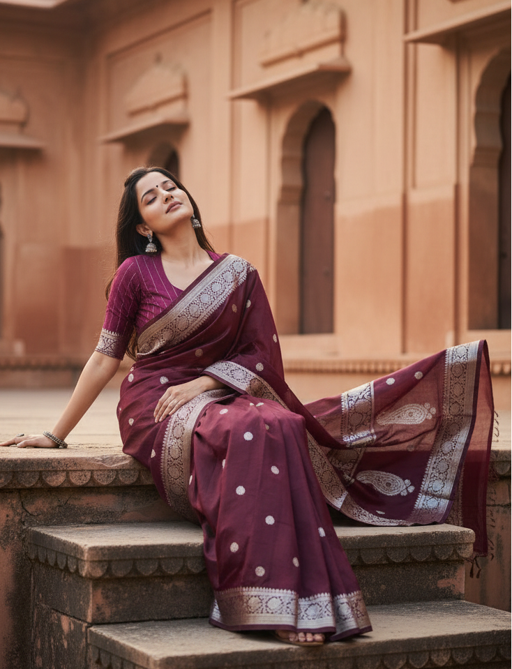Women's Cotton  Printed Saree With Unstitched Blouse 5.5Mtr (Maroon) Kashvii