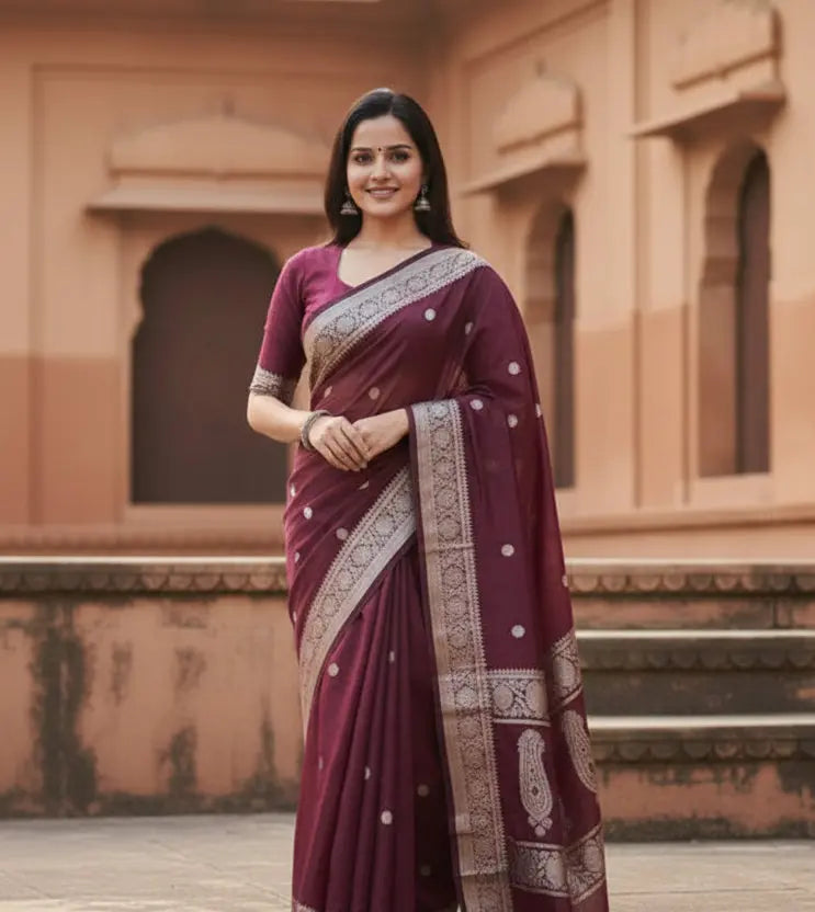Women's Cotton  Printed Saree With Unstitched Blouse 5.5Mtr (Maroon) Kashvii