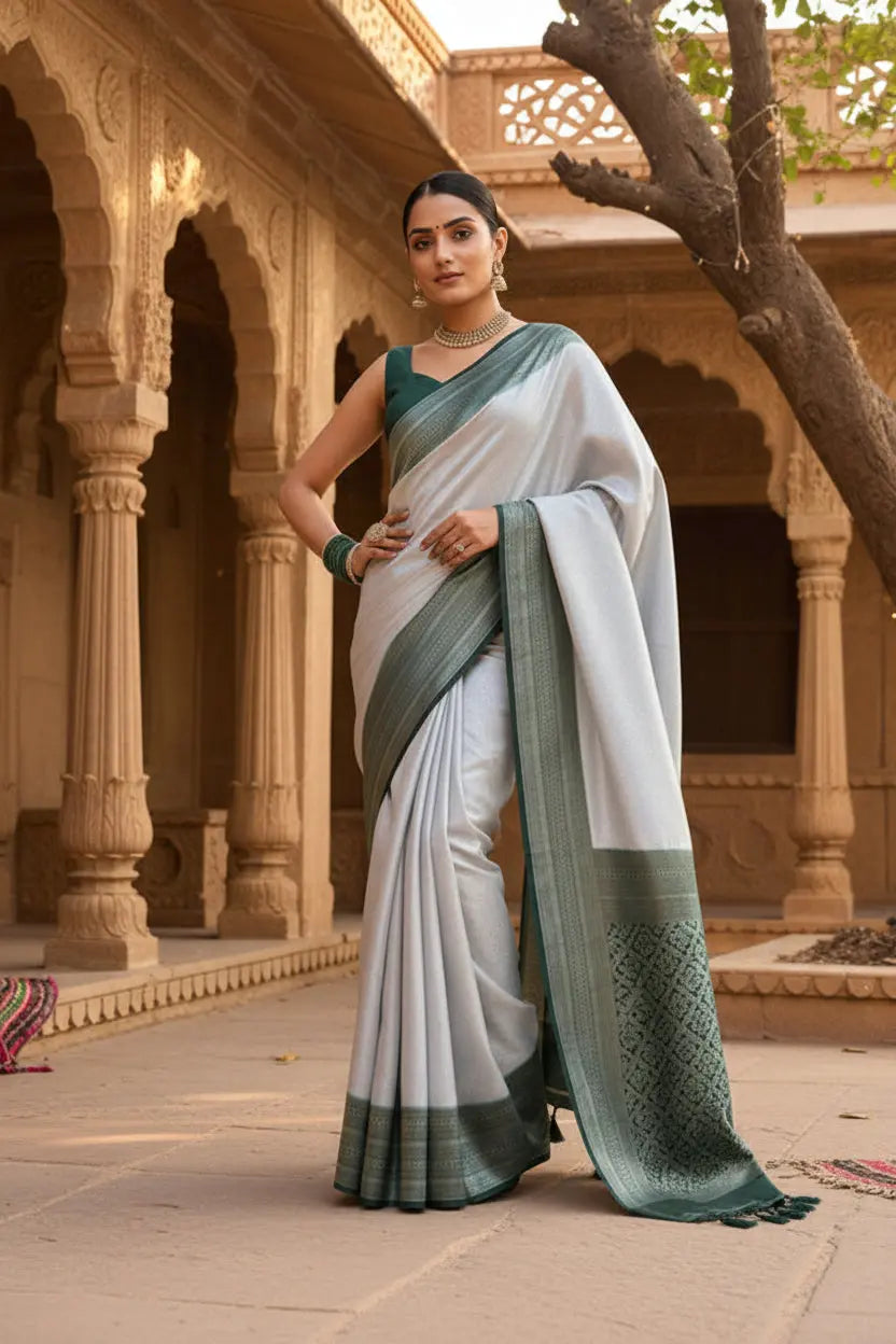 Women's Grey Silk Printed Saree With Unstitched Blouse -5.5Mtr Kashvii