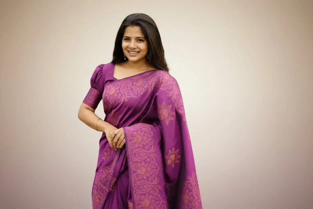 Women's Purple Silk Printed Saree With Unstitched Blouse -5.5Mtr Kashvii