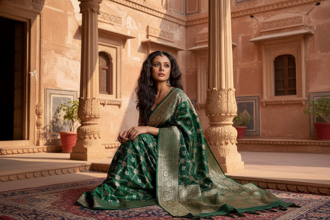 Women's Dark Green Silk Printed Saree With Unstitched Blouse -5.5Mtr Kashvii