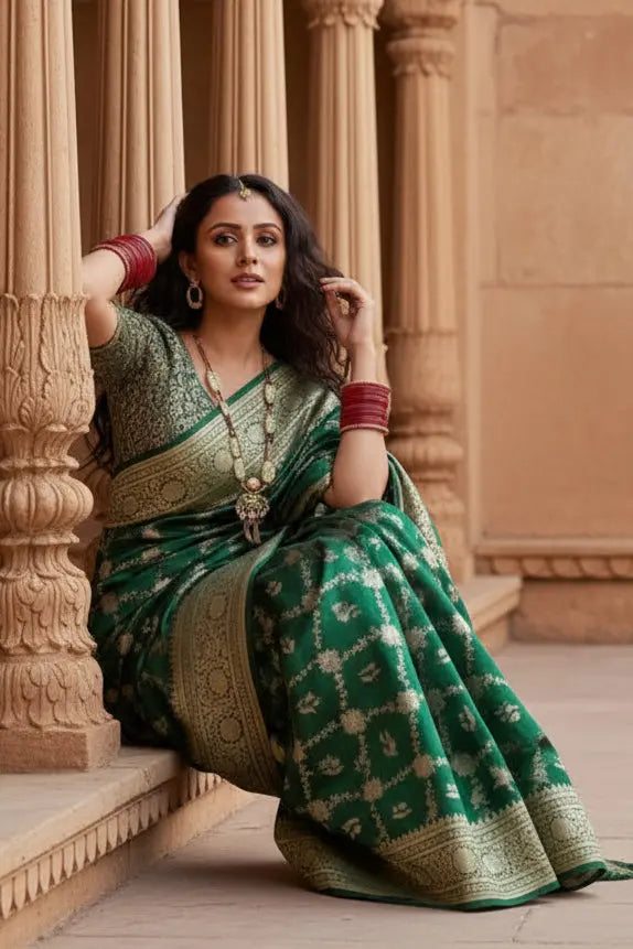 Women's Dark Green Silk Printed Saree With Unstitched Blouse -5.5Mtr Kashvii