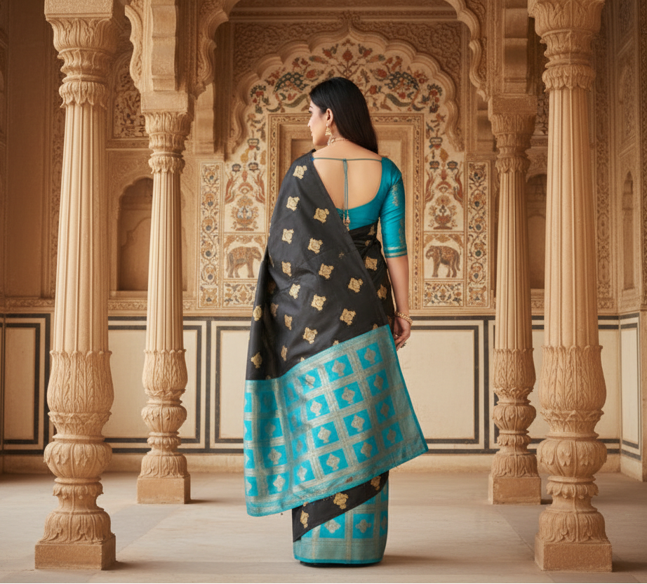 Women's silk printed saree with unstitched blouse 5