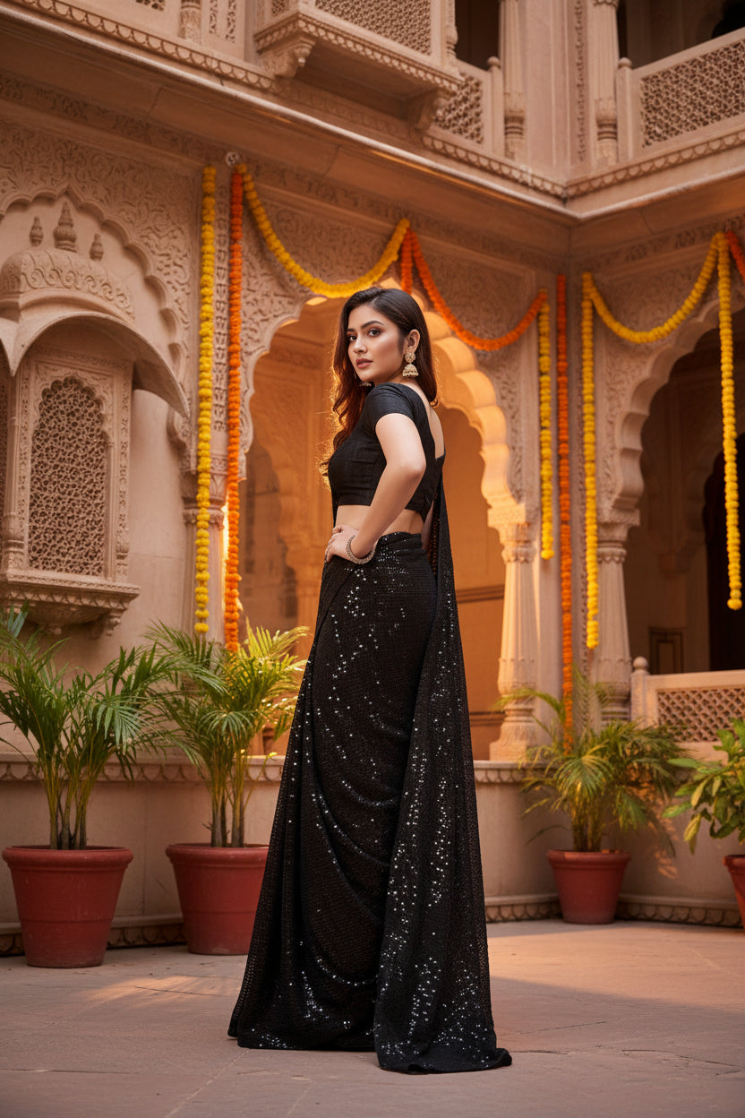 Women's Georgette Embellished Sequneces Bollywood Saree With Unstitched Blouse 5.5Mtr (Black)
