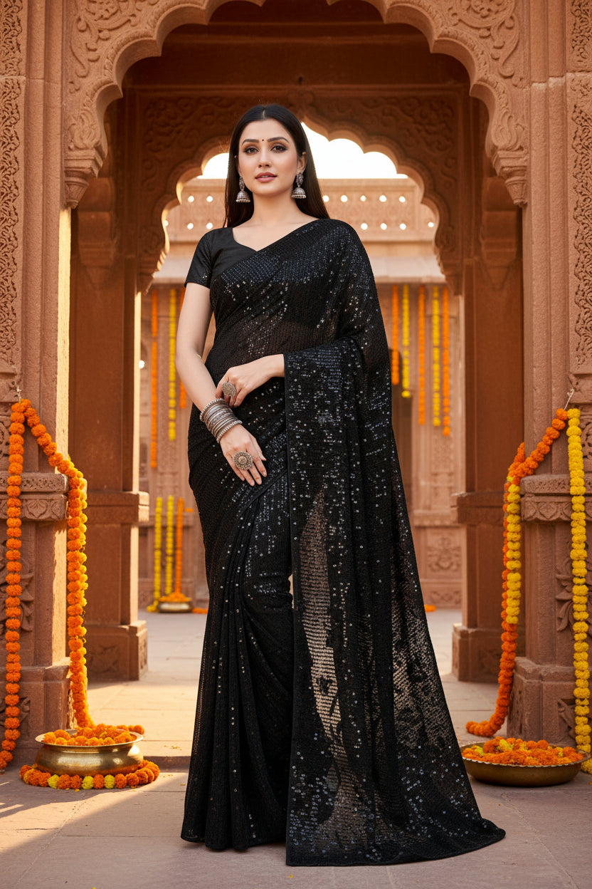 Women's Georgette Embellished Sequneces Bollywood Saree With Unstitched Blouse 5.5Mtr (Black)