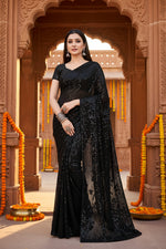Load image into Gallery viewer, Women's Georgette Embellished Sequneces Bollywood Saree With Unstitched Blouse 5.5Mtr (Black)
