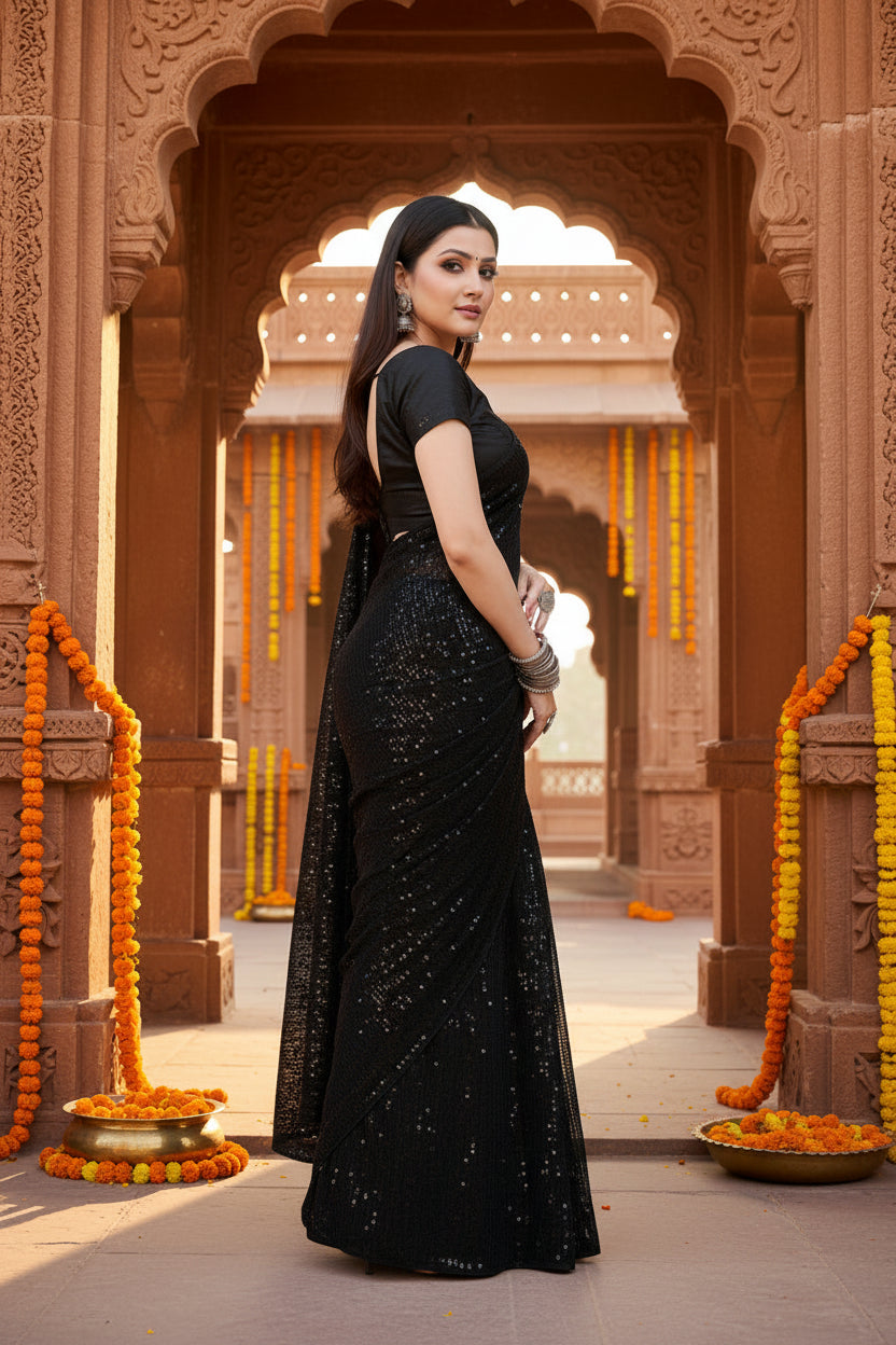 Women's Georgette Embellished Sequneces Bollywood Saree With Unstitched Blouse 5.5Mtr (Black)