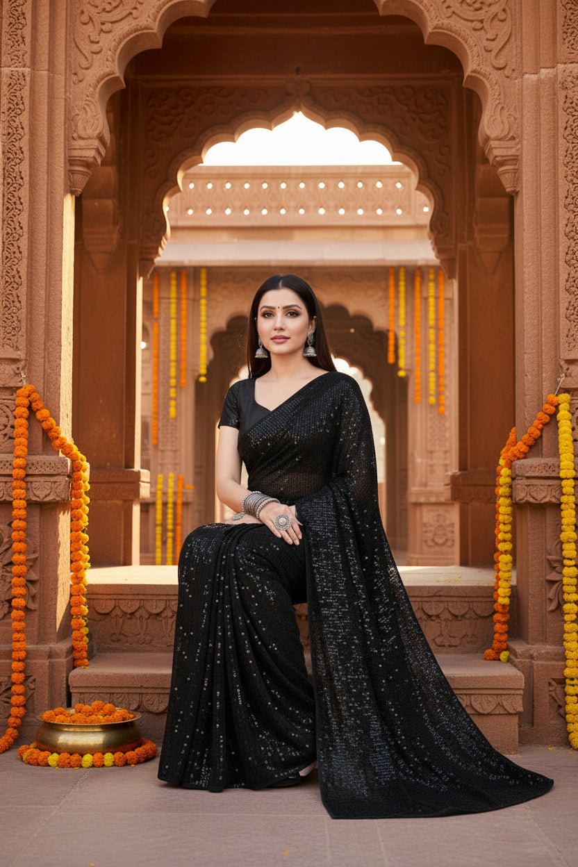 Women's Georgette Embellished Sequneces Bollywood Saree With Unstitched Blouse 5.5Mtr (Black)