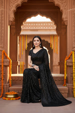 Load image into Gallery viewer, Women's Georgette Embellished Sequneces Bollywood Saree With Unstitched Blouse 5.5Mtr (Black)
