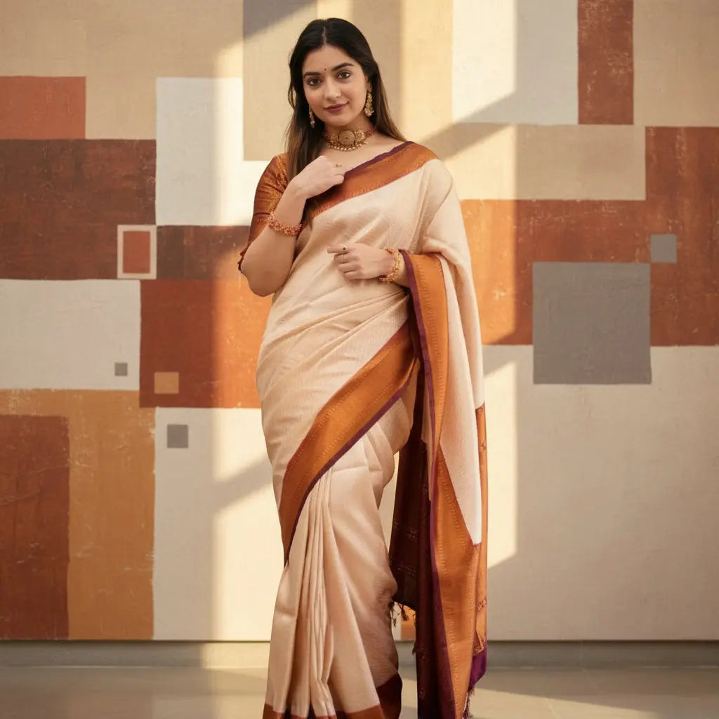 Women's Cream Color Silk Printed Saree With Unstitched Blouse -5.5Mtr Kashvii