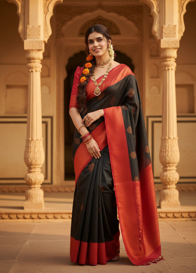 Women's Black Silk Printed Saree With Unstitched Blouse -5.5Mtr Kashvii