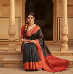 Load image into Gallery viewer, Women's Black Silk Printed Saree With Unstitched Blouse -5.5Mtr Kashvii

