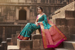 Load image into Gallery viewer, Women's Teal Blue Silk Printed Saree With Unstitched Blouse -5.5Mtr Kashvii
