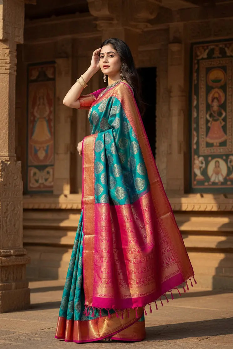 Women's Teal Blue Silk Printed Saree With Unstitched Blouse -5.5Mtr Kashvii