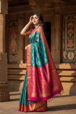 Load image into Gallery viewer, Women's Teal Blue Silk Printed Saree With Unstitched Blouse -5.5Mtr Kashvii
