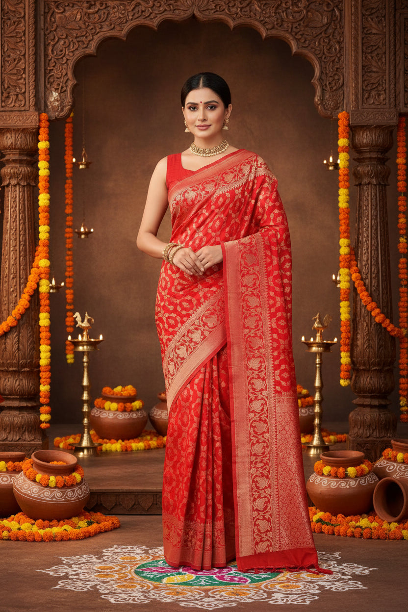 Women's Silk Printed Saree With Unstitched Blouse 5.5Mtr (Orange) Kashvii