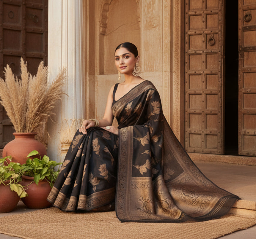 Women's Silk Printed Saree With Unstitched Blouse 5.5Mtr (Black) Kashvii