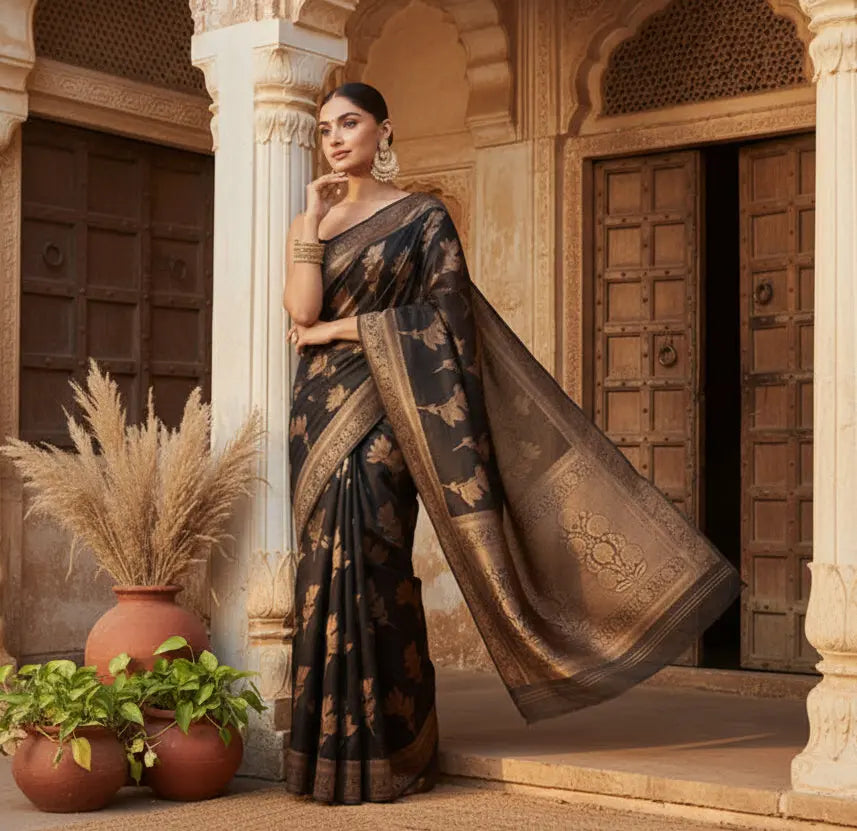 Women's Silk Printed Saree With Unstitched Blouse 5.5Mtr (Black) Kashvii
