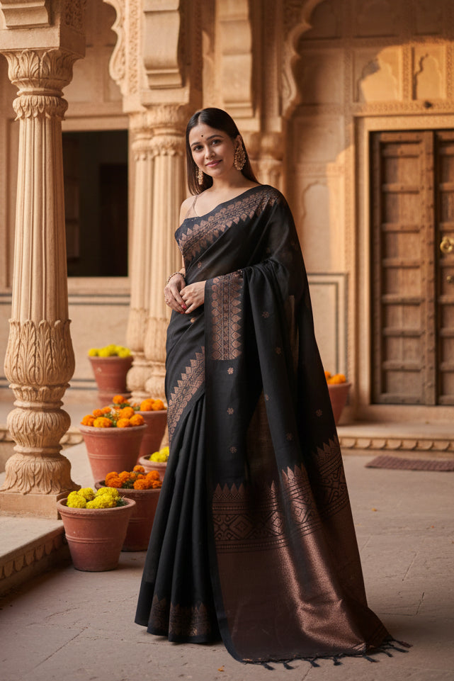 Women's silk printed saree with unstitched blouse 5
