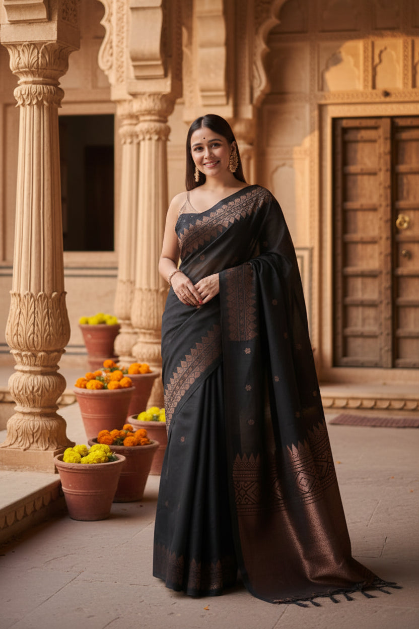Women's Silk Printed Saree With Unstitched Blouse 5.5Mtr (Black)
