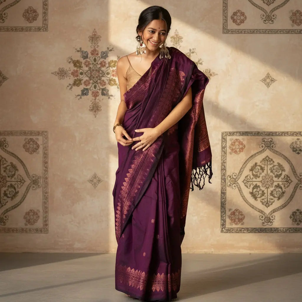 Women's Silk Printed Saree With Unstitched Blouse 5.5Mtr (Wine) Kashvii