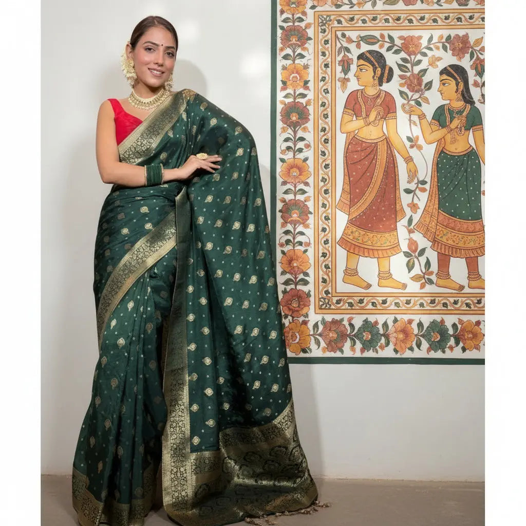 Women's Silk Printed Saree With Unstitched Blouse 5.5Mtr (Green) Kashvii