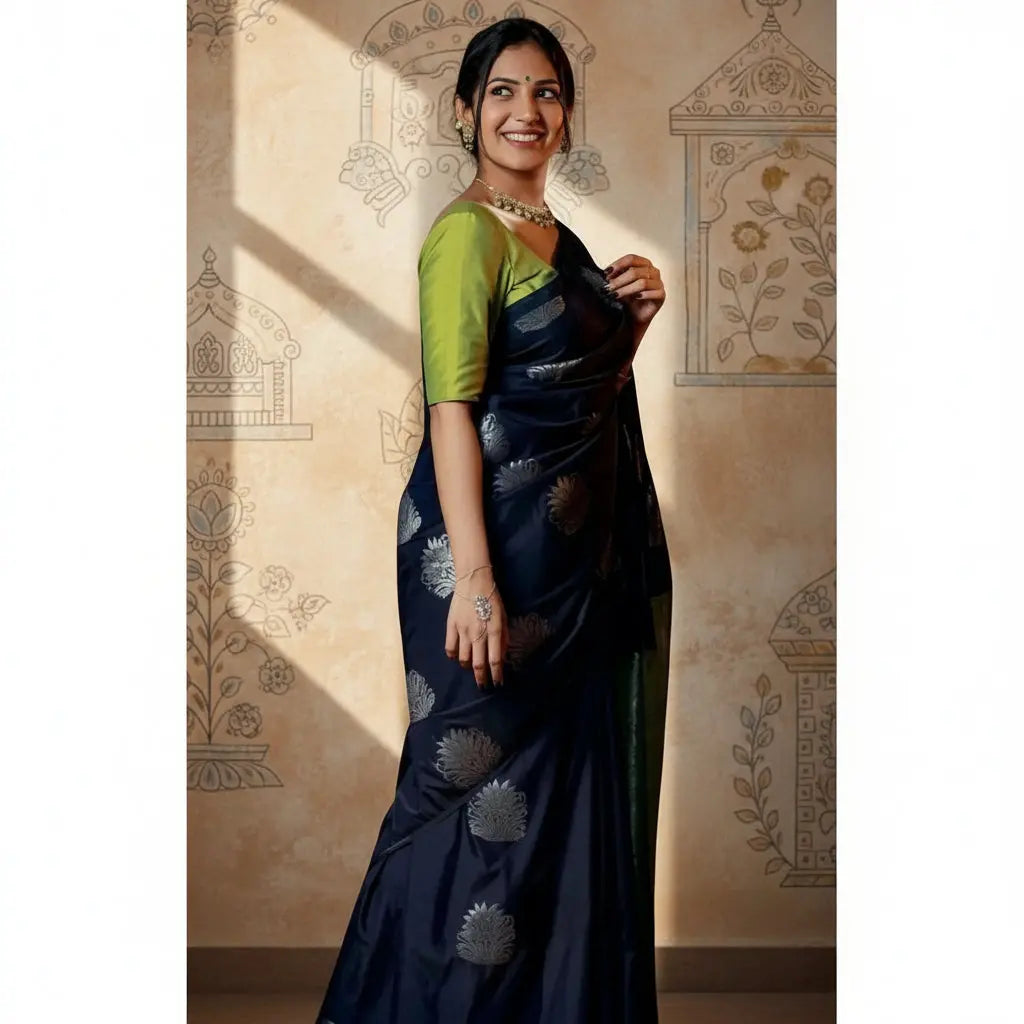 Women's Silk Printed Saree With Unstitched Blouse 5.5Mtr (Navy Blue) Kashvii
