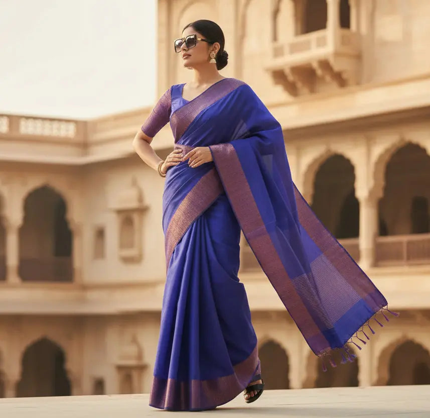 Women's Silk Printed Saree With Unstitched Blouse 5.5Mtr (Blue) Kashvii