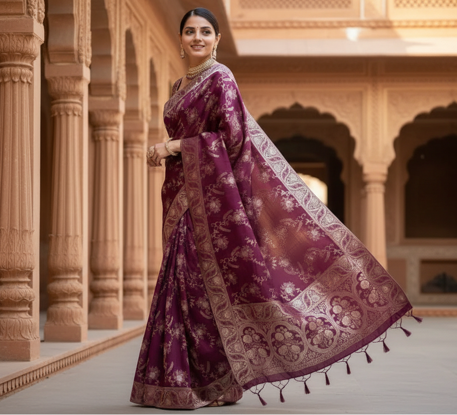 Women's Wine Silk Printed Saree With Unstitched Blouse -5.5Mtr Kashvii