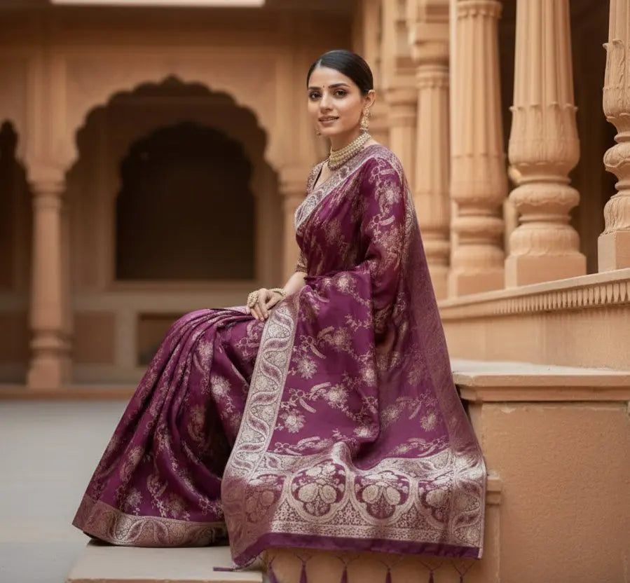 Women's Wine Silk Printed Saree With Unstitched Blouse -5.5Mtr Kashvii