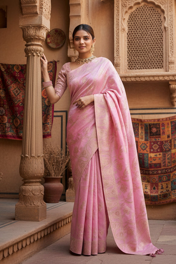 Women's Pink Silk Printed Saree With Unstitched Blouse -5.5Mtr Kashvii