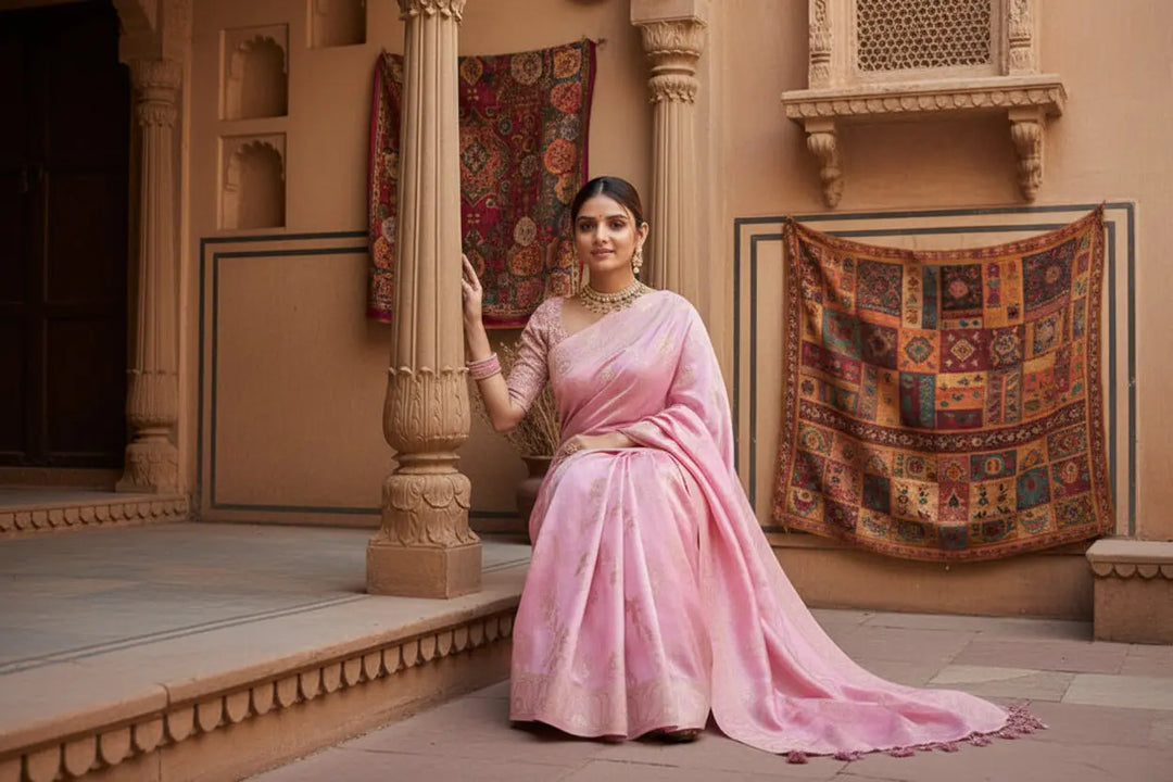 Women's Pink Silk Printed Saree With Unstitched Blouse -5.5Mtr Kashvii