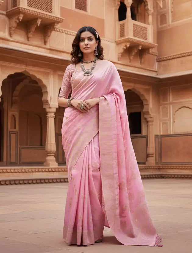 Women's pink silk printed saree with unstitched blouse  5