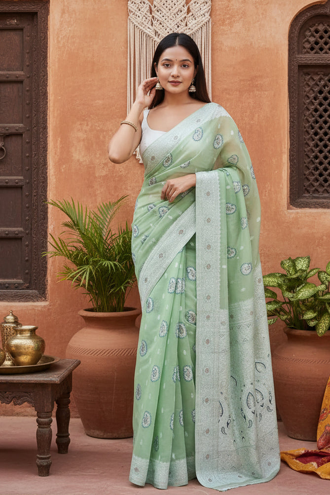 Women's Cotton  Printed Saree With Unstitched Blouse 5.5Mtr (Pista) Kashvii